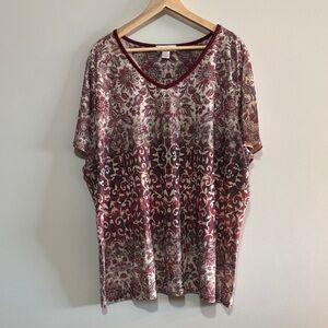 CJ Banks Women’s 3X Burgundy Floral Embellished Burnout Top - VGUC